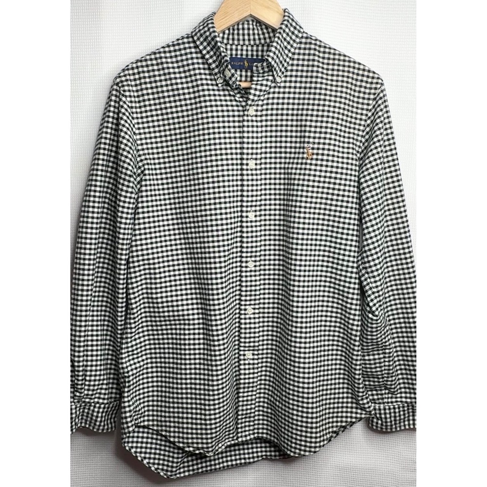 Ralph Lauren Mens Gingham Button Down Shirt Black White Cotton Long Sleeve M